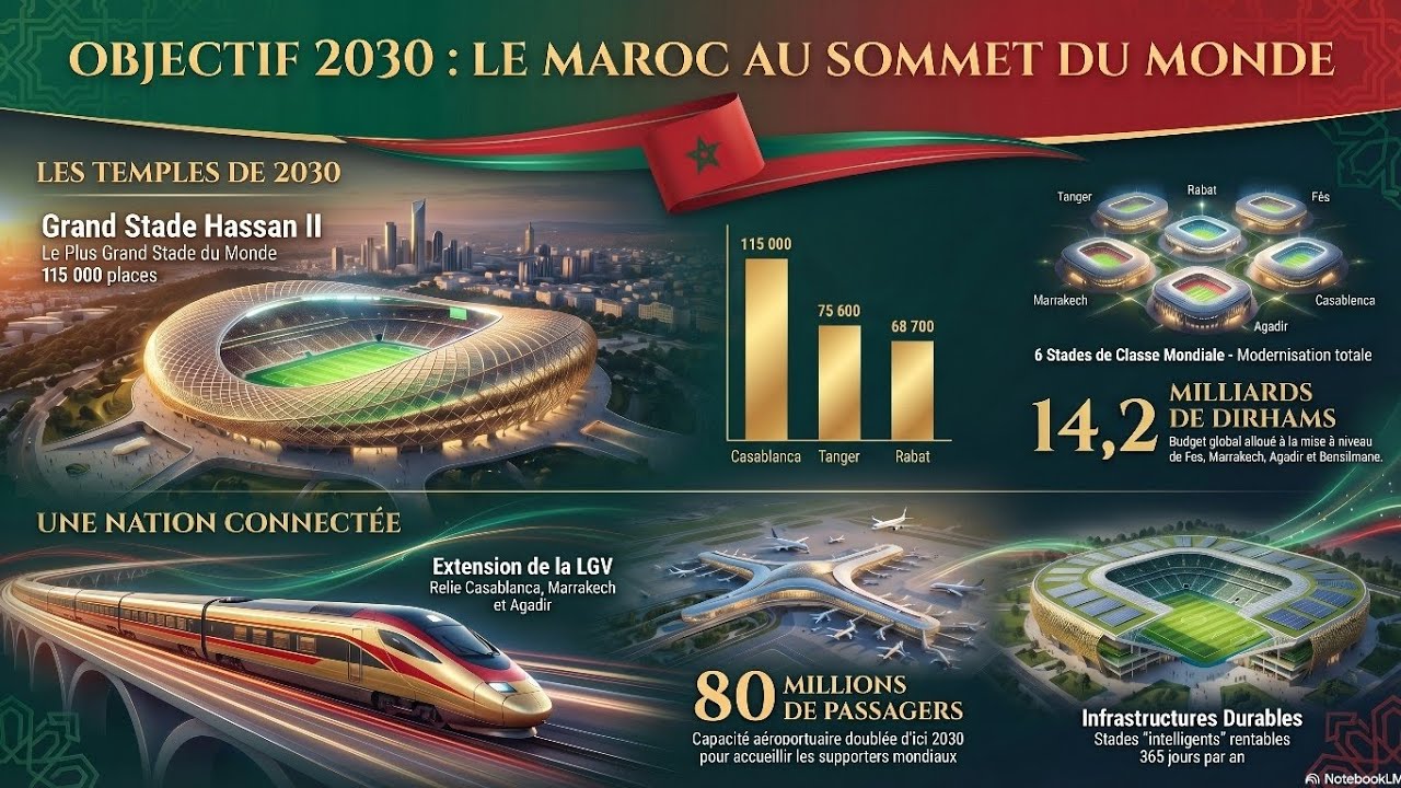 MAROC 2030 🇲🇦🏗⚽️: Le Plus Grand Stade du Monde et une Révolution des Transports ! 🇲🇦
