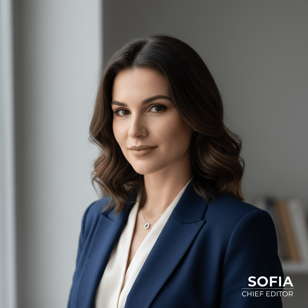 Woman in blue blazer posing indoors.