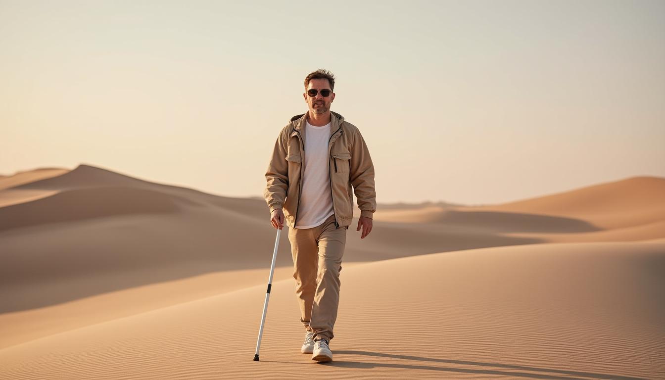 découvrez le témoignage poignant d'anthony hody, malvoyant, qui partage sa sensation de liberté pure en marchant seul au cœur du désert.