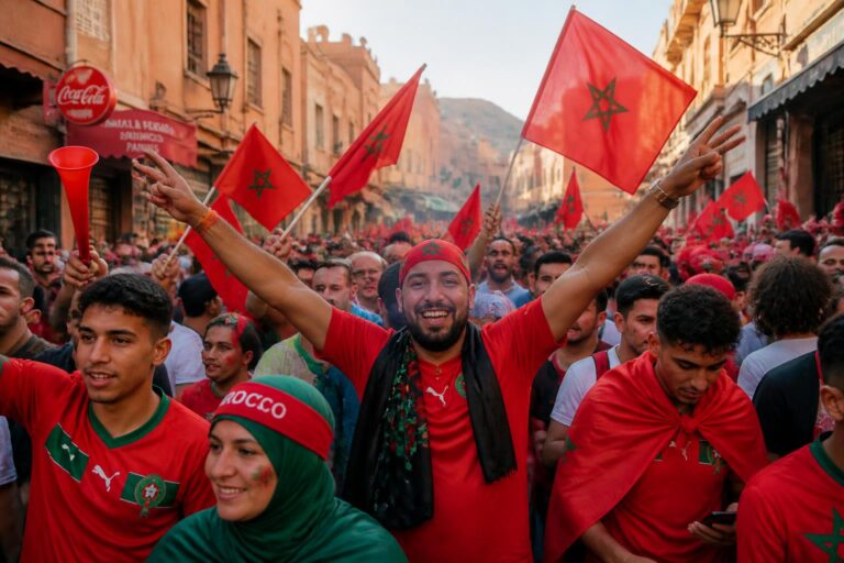 Reportage à fès : maillots, drapeaux et ambiance passionnée autour des lions de l&rsquo;atlas