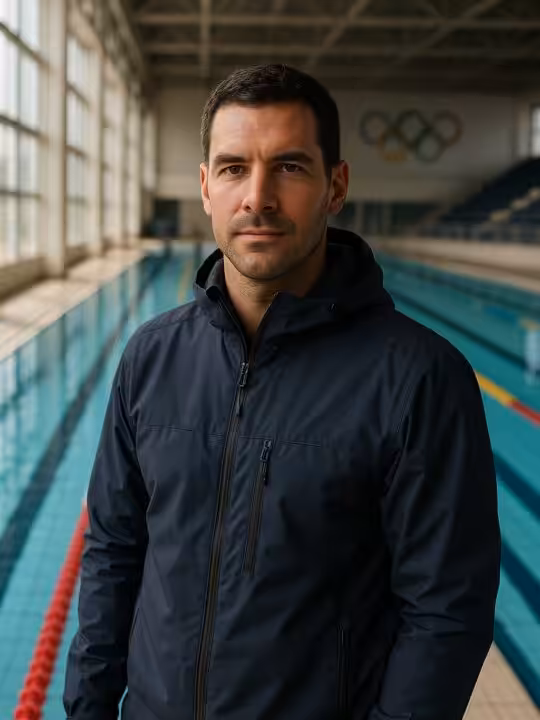 Homme en veste près d'une piscine intérieure.